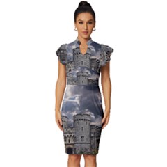 Abstract Wood Design Floor Texture Vintage Frill Sleeve V-neck Bodycon Dress by Celenk