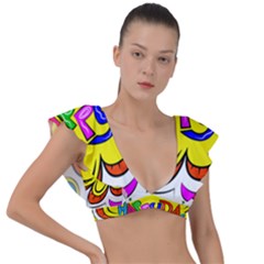 Abstract Wood Design Floor Texture Plunge Frill Sleeve Bikini Top