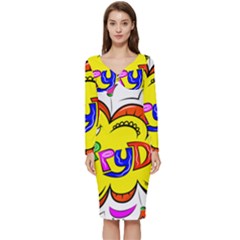 Abstract Wood Design Floor Texture Long Sleeve V-neck Bodycon Dress 