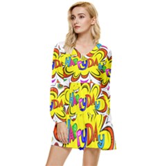 Abstract Wood Design Floor Texture Tiered Long Sleeve Mini Dress