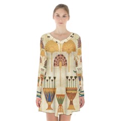 Egyptian Paper Papyrus Hieroglyphs Long Sleeve Velvet V-neck Dress by Vaneshop