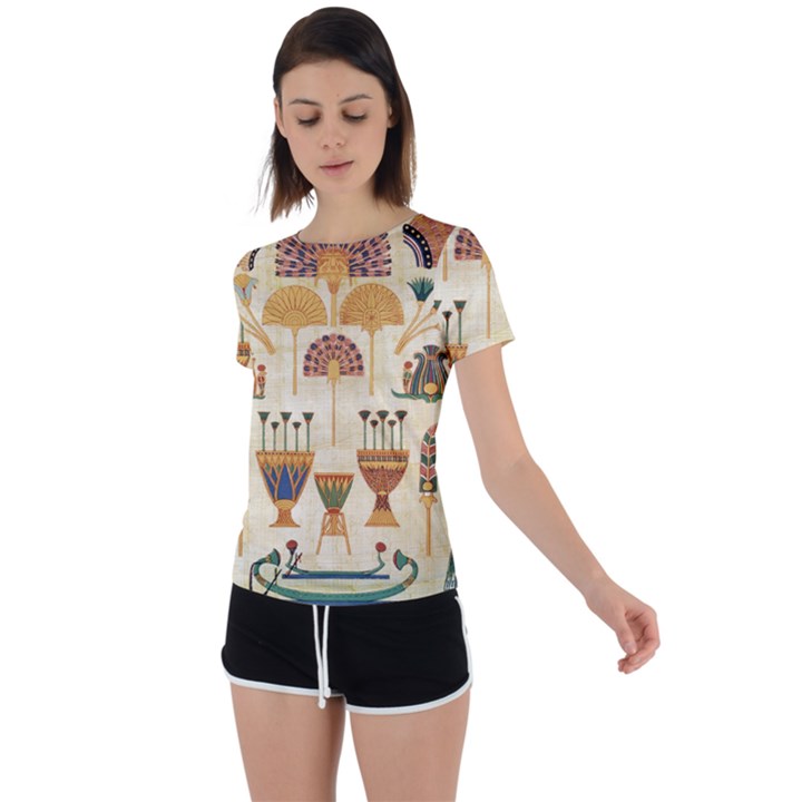 Egyptian Paper Papyrus Hieroglyphs Back Circle Cutout Sports Tee