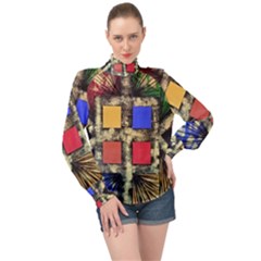 Acrylic Abstract Art Design  High Neck Long Sleeve Chiffon Top by Rbudhiya