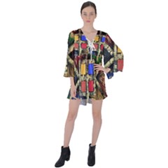 Acrylic Abstract Art Design  V-neck Flare Sleeve Mini Dress by Rbudhiya