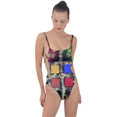 Acrylic Abstract Art Design  Tie Strap One Piece Swimsuit