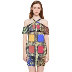 Acrylic Abstract Art Design  Shoulder Frill Bodycon Summer Dress