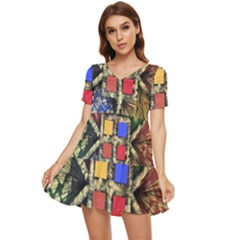 Acrylic Abstract Art Design  Tiered Short Sleeve Babydoll Dress by Rbudhiya