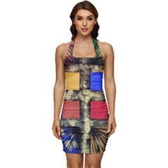 Acrylic Abstract Art Design  Sleeveless Wide Square Neckline Ruched Bodycon Dress by Rbudhiya