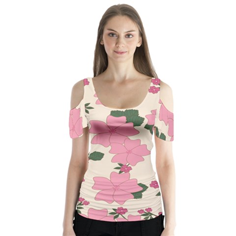 Floral Vintage Flowers Butterfly Sleeve Cutout Tee  by Dutashop