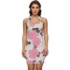 Floral Vintage Flowers Sleeveless Wide Square Neckline Ruched Bodycon Dress