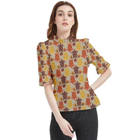 Sea Turtle Sea Life Pattern Frill Neck Blouse by Dutashop