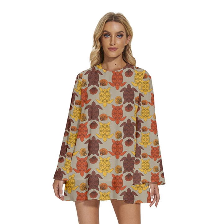 Sea Turtle Sea Life Pattern Round Neck Long Sleeve Bohemian Style Chiffon Mini Dress