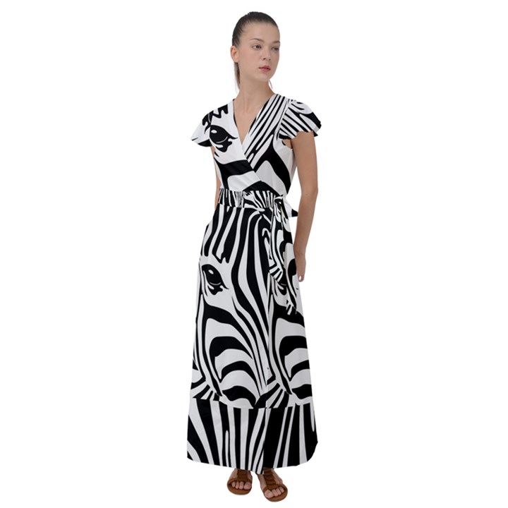 Animal Cute Pattern Art Zebra Flutter Sleeve Maxi Dress