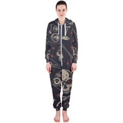 Grunge Seamless Pattern With Skulls Hooded Jumpsuit (ladies)