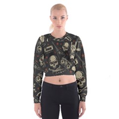 Grunge Seamless Pattern With Skulls Cropped Sweatshirt