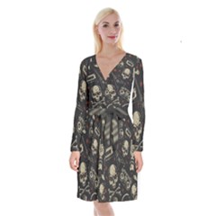 Grunge Seamless Pattern With Skulls Long Sleeve Velvet Front Wrap Dress by Amaryn4rt