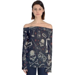 Grunge Seamless Pattern With Skulls Off Shoulder Long Sleeve Top by Amaryn4rt