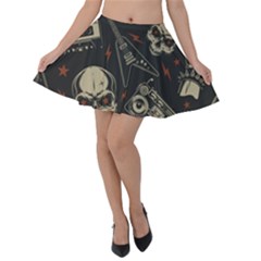 Grunge Seamless Pattern With Skulls Velvet Skater Skirt