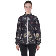 Grunge Seamless Pattern With Skulls Women s High Neck Windbreaker by Amaryn4rt