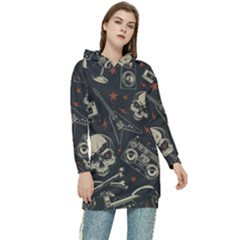 Grunge Seamless Pattern With Skulls Women s Long Oversized Pullover Hoodie