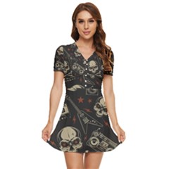 Grunge Seamless Pattern With Skulls V-neck High Waist Chiffon Mini Dress by Amaryn4rt