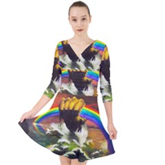 Rainbow Color Quarter Sleeve Front Wrap Dress by uniart180623