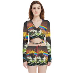 Rainbow Color Velvet Wrap Crop Top And Shorts Set by uniart180623