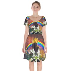 Rainbow Color Short Sleeve Bardot Dress by uniart180623