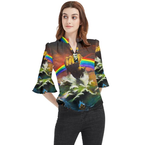 Rainbow Color Loose Horn Sleeve Chiffon Blouse by uniart180623