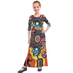 Hippie Rainbow Psychedelic Colorful Kids  Quarter Sleeve Maxi Dress by uniart180623