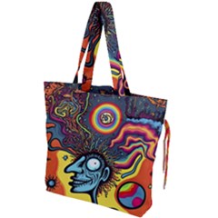 Hippie Rainbow Psychedelic Colorful Drawstring Tote Bag by uniart180623