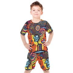 Hippie Rainbow Psychedelic Colorful Kids  Tee And Shorts Set by uniart180623