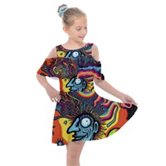 Hippie Rainbow Psychedelic Colorful Kids  Shoulder Cutout Chiffon Dress by uniart180623