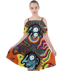 Hippie Rainbow Psychedelic Colorful Cut Out Shoulders Chiffon Dress by uniart180623