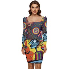 Hippie Rainbow Psychedelic Colorful Women Long Sleeve Ruched Stretch Jersey Dress by uniart180623