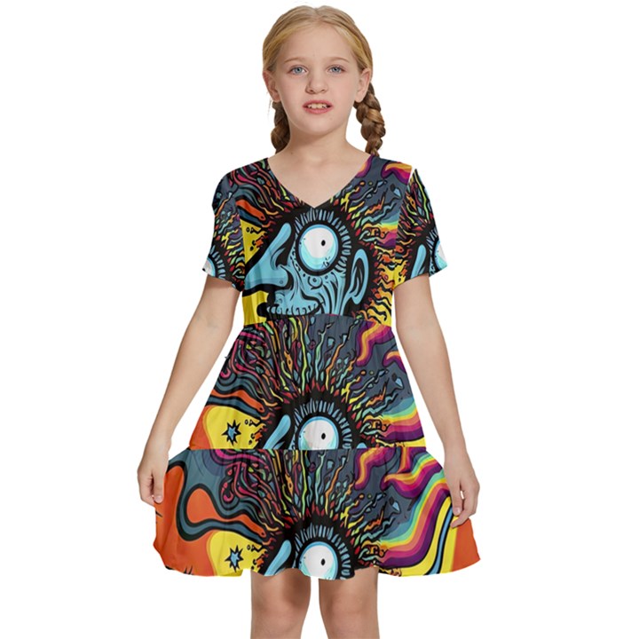 Hippie Rainbow Psychedelic Colorful Kids  Short Sleeve Tiered Mini Dress