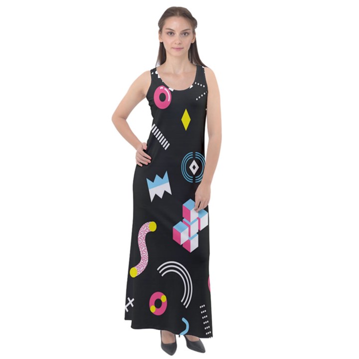 Memphis Design Seamless Pattern Sleeveless Velour Maxi Dress