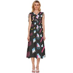 Memphis Design Seamless Pattern V-neck Drawstring Shoulder Sleeveless Maxi Dress