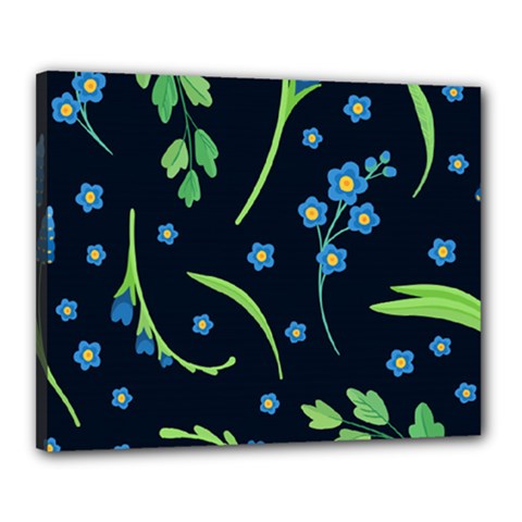 Abstract Wild Flowers Dark Blue Background Blue Flower Blossom Flat Retro Seamless Pattern Daisy Canvas 20  X 16  (stretched)