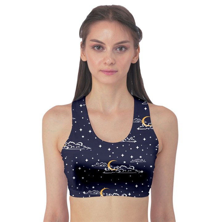 Hand-drawn-scratch-style-night-sky-with-moon-cloud-space-among-stars-seamless-pattern-vector-design- Fitness Sports Bra