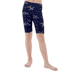 Hand-drawn-scratch-style-night-sky-with-moon-cloud-space-among-stars-seamless-pattern-vector-design- Kids  Mid Length Swim Shorts by uniart180623