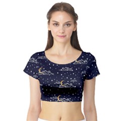 Hand-drawn-scratch-style-night-sky-with-moon-cloud-space-among-stars-seamless-pattern-vector-design- Short Sleeve Crop Top by uniart180623