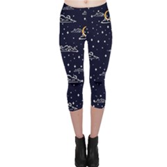 Hand-drawn-scratch-style-night-sky-with-moon-cloud-space-among-stars-seamless-pattern-vector-design- Capri Leggings  by uniart180623