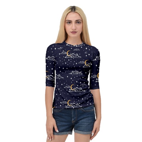 Hand-drawn-scratch-style-night-sky-with-moon-cloud-space-among-stars-seamless-pattern-vector-design- Quarter Sleeve Raglan Tee by uniart180623