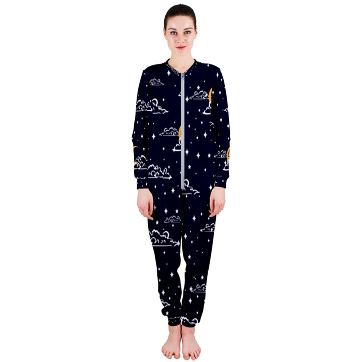 Hand-drawn-scratch-style-night-sky-with-moon-cloud-space-among-stars-seamless-pattern-vector-design- OnePiece Jumpsuit (Ladies)