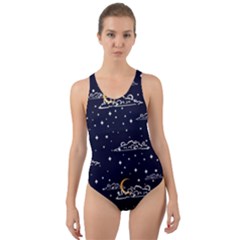 Hand-drawn-scratch-style-night-sky-with-moon-cloud-space-among-stars-seamless-pattern-vector-design- Cut-out Back One Piece Swimsuit by uniart180623