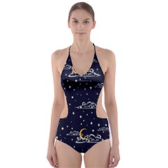 Hand-drawn-scratch-style-night-sky-with-moon-cloud-space-among-stars-seamless-pattern-vector-design- Cut-out One Piece Swimsuit by uniart180623