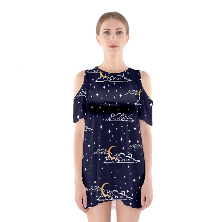 Hand-drawn-scratch-style-night-sky-with-moon-cloud-space-among-stars-seamless-pattern-vector-design- Shoulder Cutout One Piece Dress