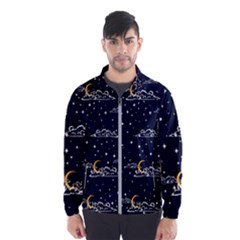 Hand-drawn-scratch-style-night-sky-with-moon-cloud-space-among-stars-seamless-pattern-vector-design- Men s Windbreaker by uniart180623