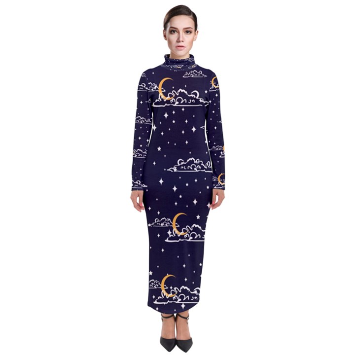 Hand-drawn-scratch-style-night-sky-with-moon-cloud-space-among-stars-seamless-pattern-vector-design- Turtleneck Maxi Dress